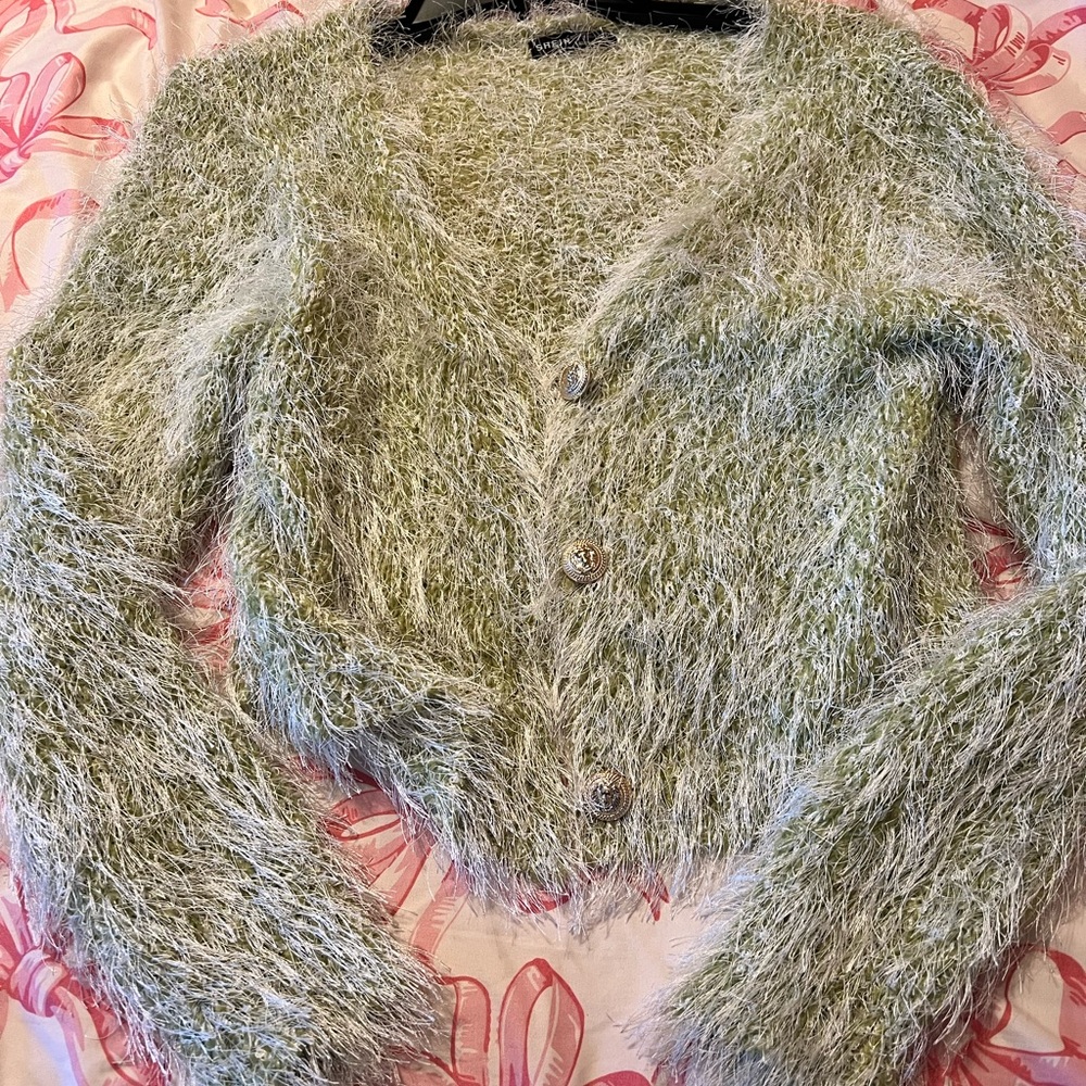 Fuzzy Green Cardigan Sweater